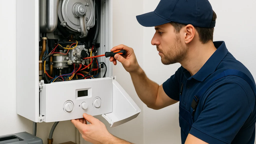 Technicien réparant une chaudière.